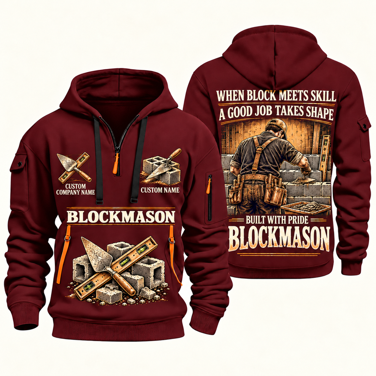 Blockmason Built with Pride Quarter Zip Hoodie Wine Red front and back