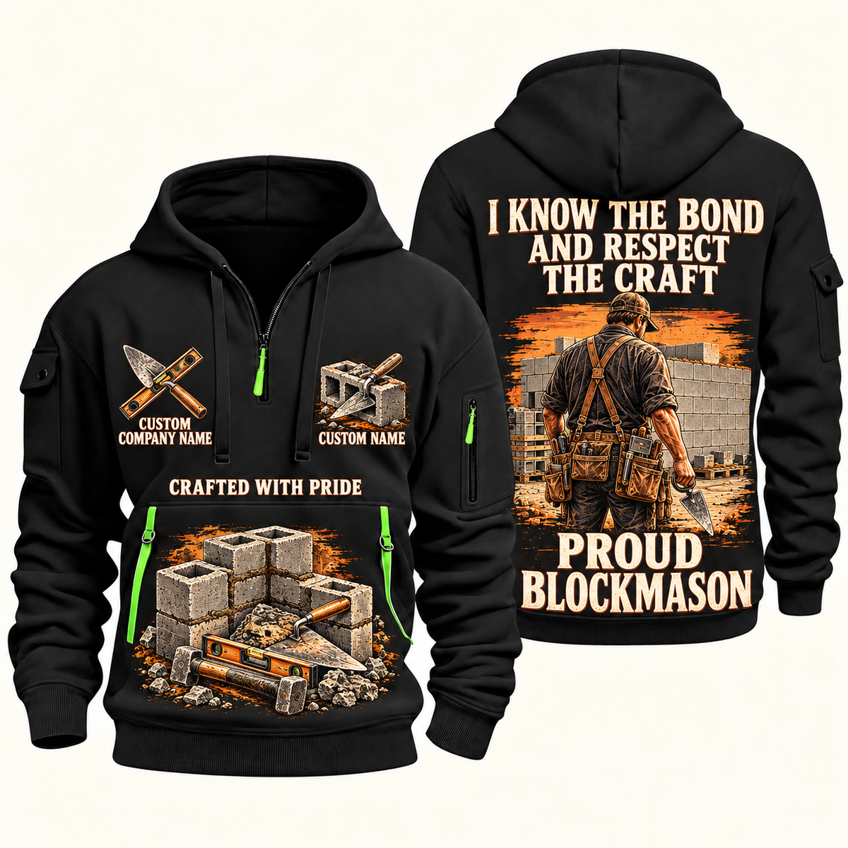 Blockmason Respect the Craft Quarter Zip Hoodie Black front and back