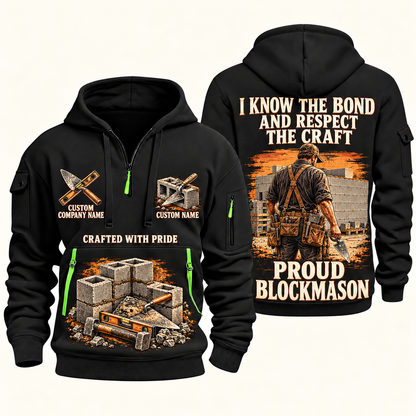 Blockmason Respect the Craft Quarter Zip Hoodie Black front and back