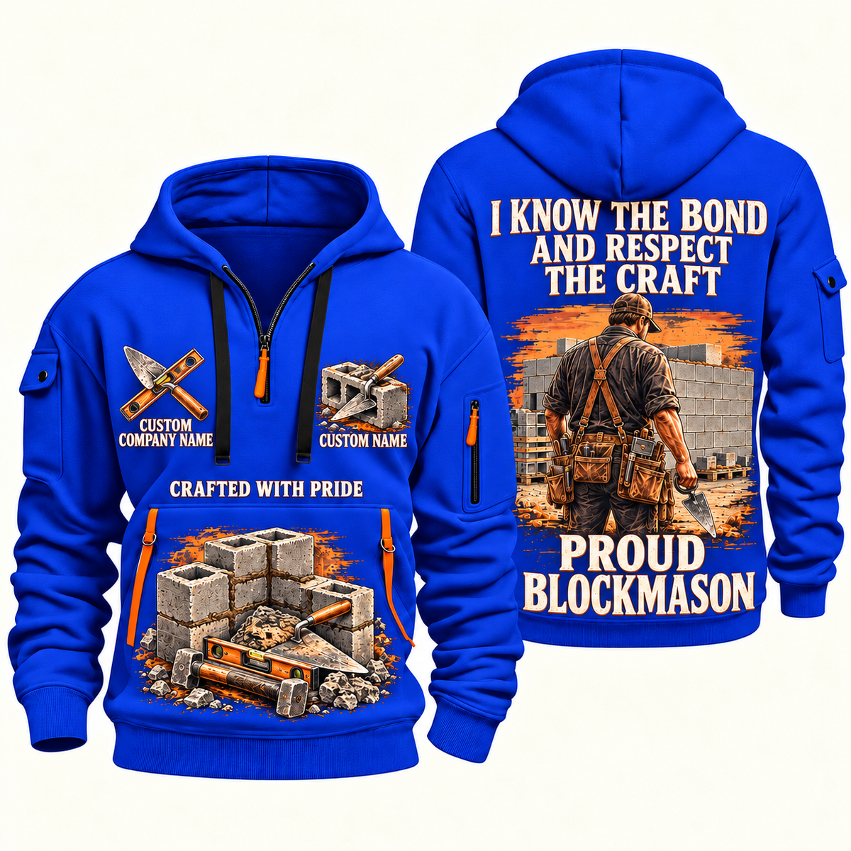 Blockmason Respect the Craft Quarter Zip Hoodie Blue front and back