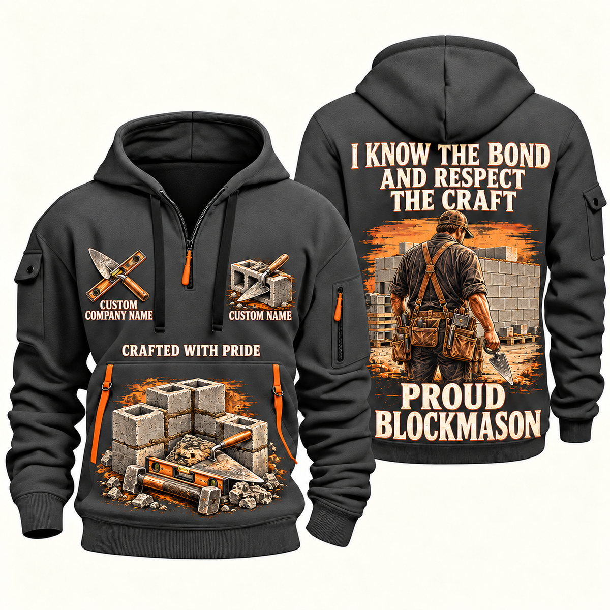 Blockmason Respect the Craft Quarter Zip Hoodie Gray front and back