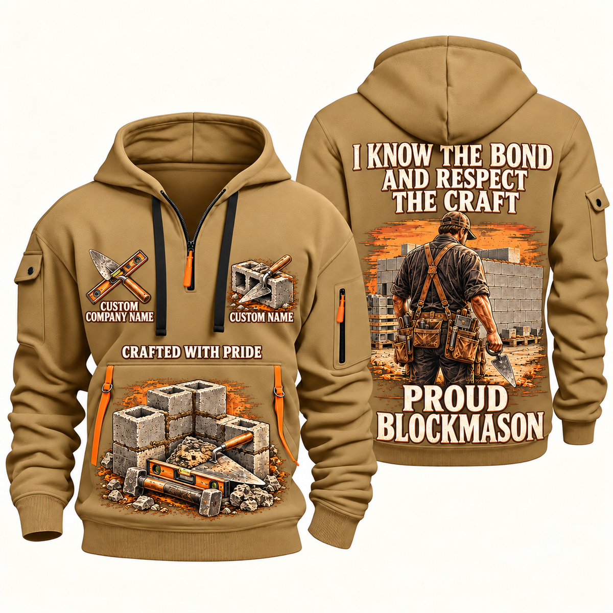Blockmason Respect the Craft Quarter Zip Hoodie Khaki front and back
