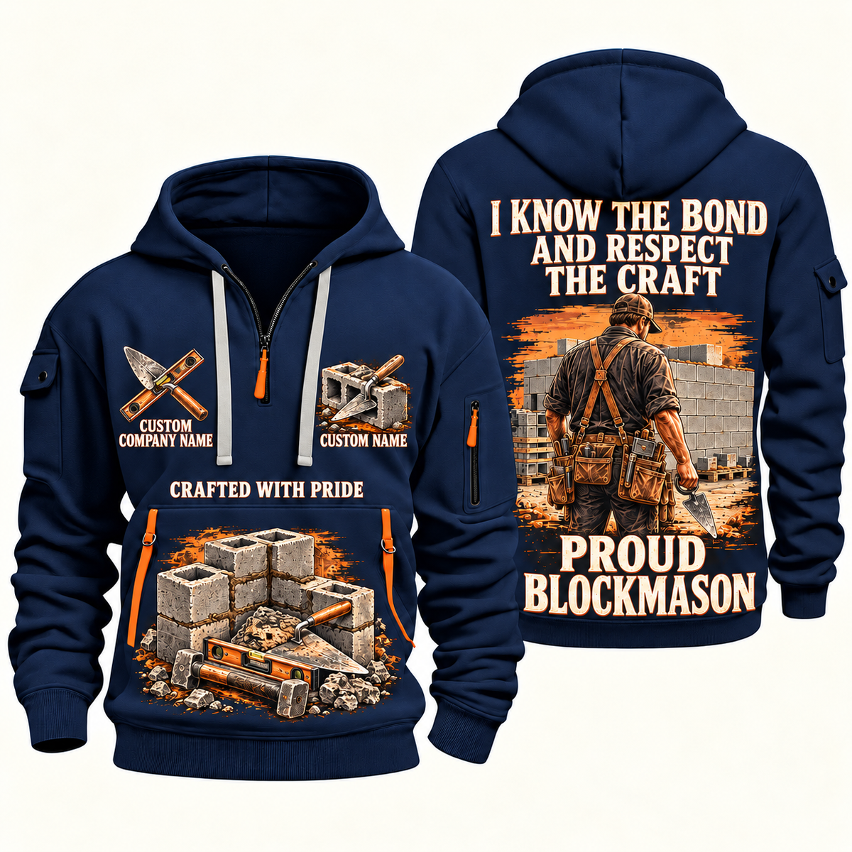 Blockmason Respect the Craft Quarter Zip Hoodie Navy front and back