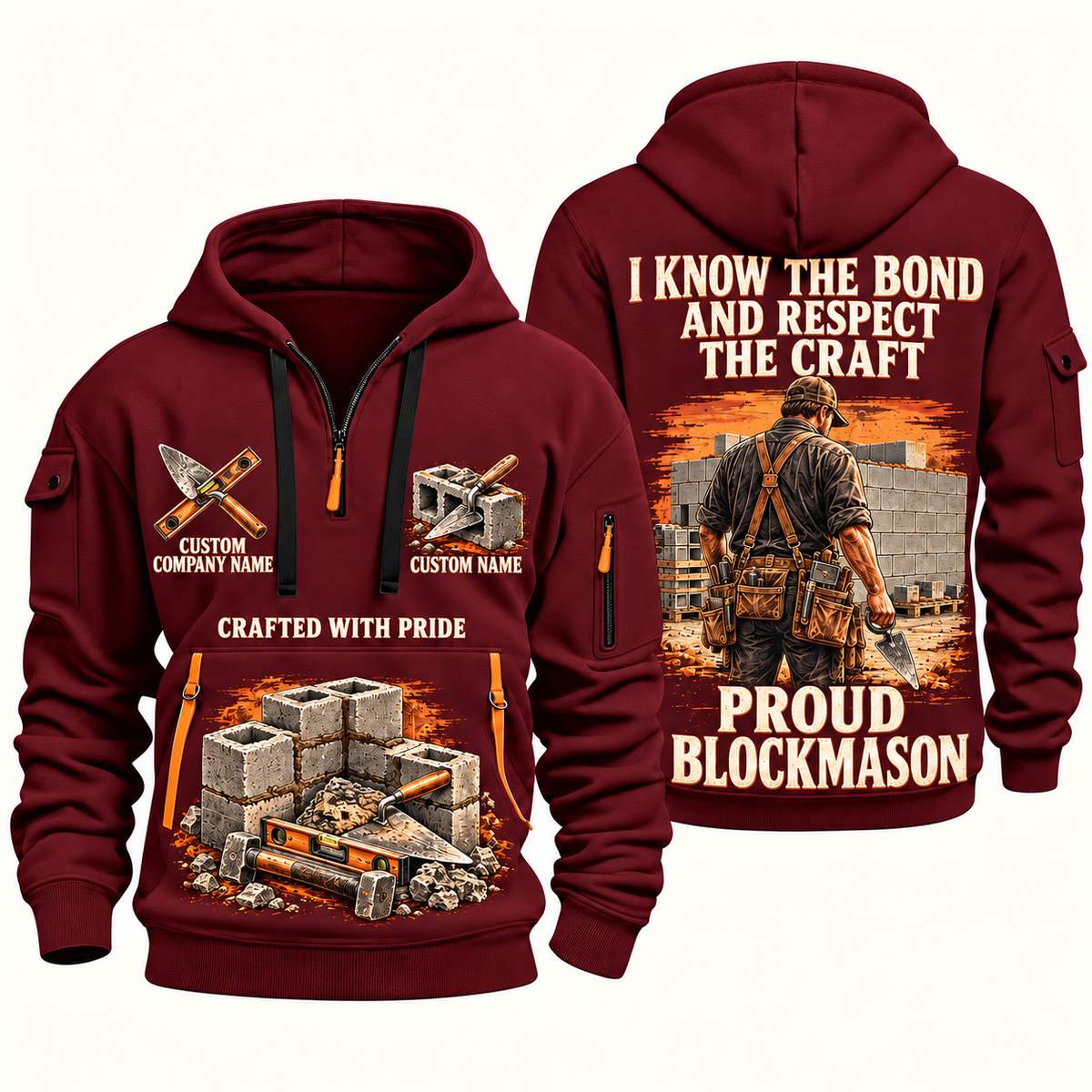 Blockmason Respect the Craft Quarter Zip Hoodie Wine Red front and back