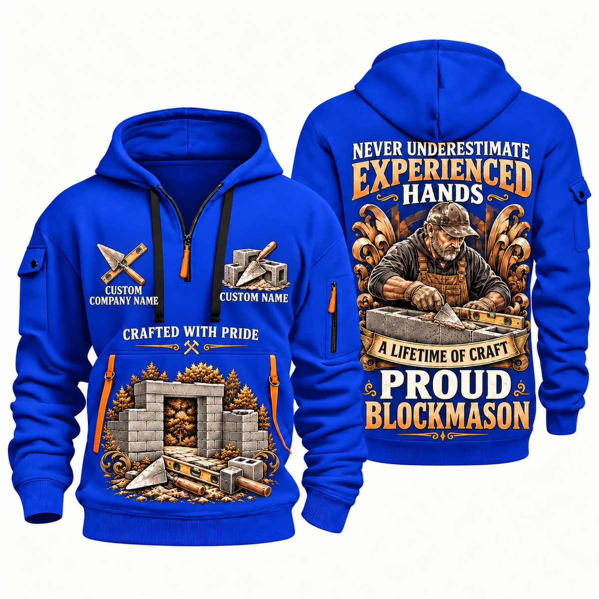 Blockmason Experienced Hands Quarter Zip Hoodie Blue front and back