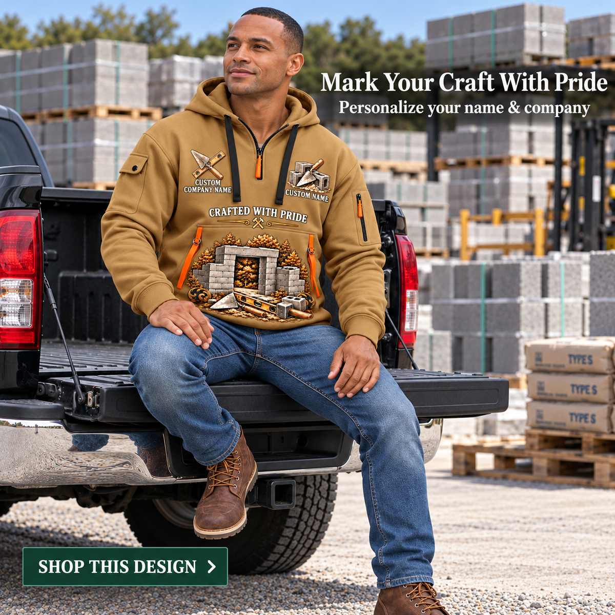Blockmason Experienced Hands Quarter Zip Hoodie Khaki listing hero
