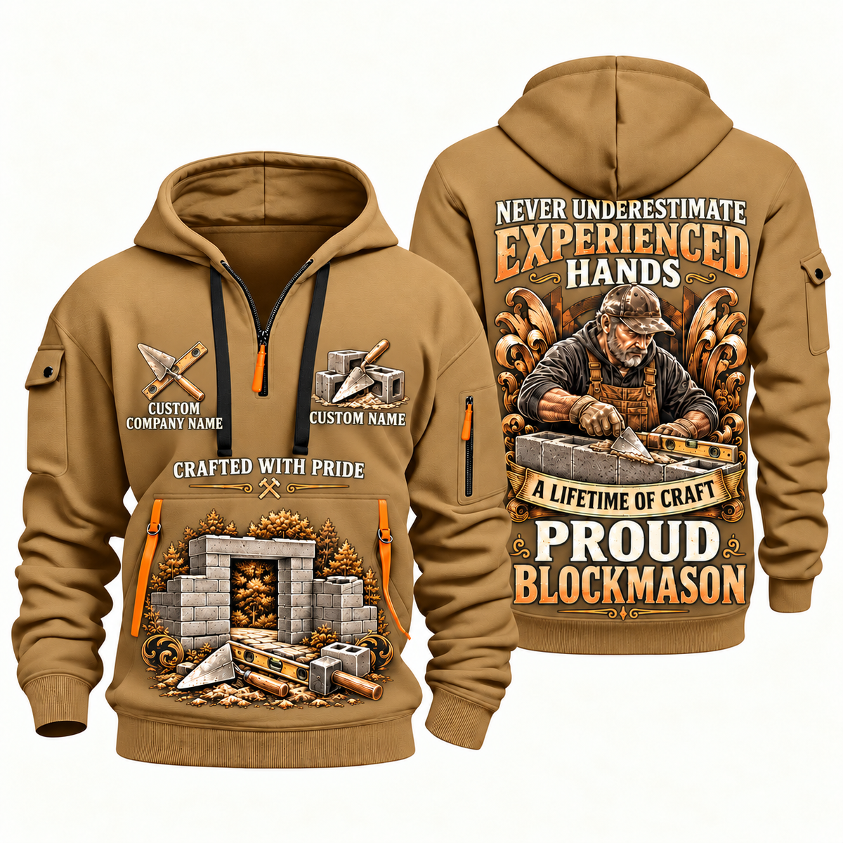 Blockmason Experienced Hands Quarter Zip Hoodie Khaki front and back