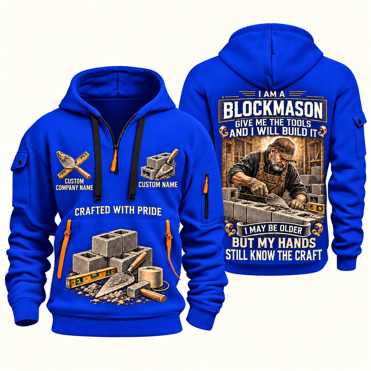 Blockmason Skills Remain Quarter Zip Hoodie Blue front and back