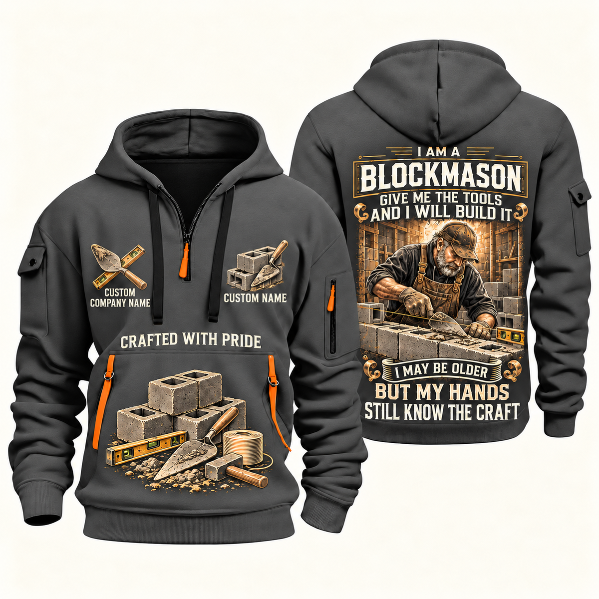 Blockmason Skills Remain Quarter Zip Hoodie Gray front and back
