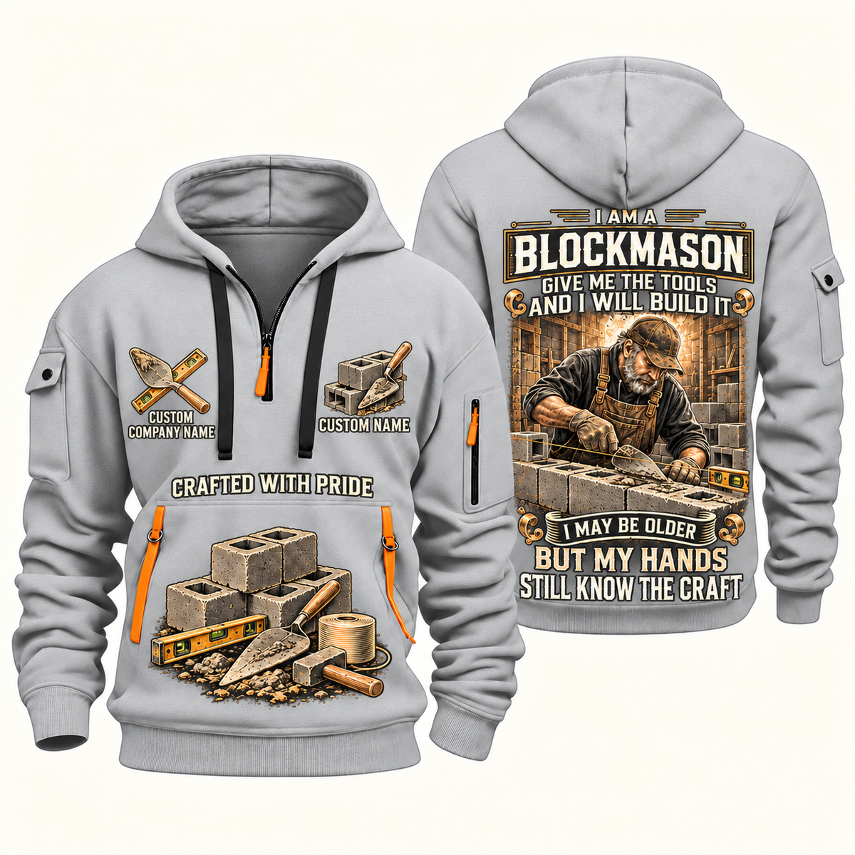 Blockmason Skills Remain Quarter Zip Hoodie Light Grey front and back