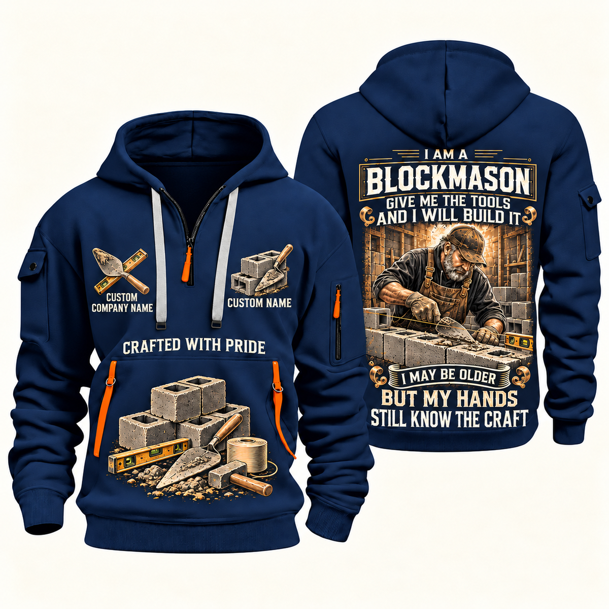 Blockmason Skills Remain Quarter Zip Hoodie Navy front and back
