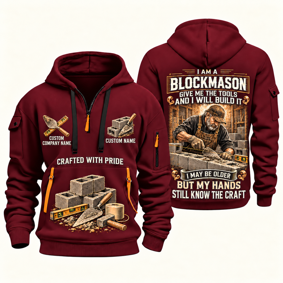 Blockmason Skills Remain Quarter Zip Hoodie Wine Red front and back