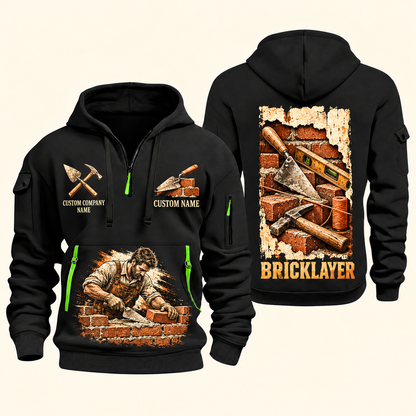 Bricklayer Masonry Tools Quarter Zip Hoodie Black front and back
