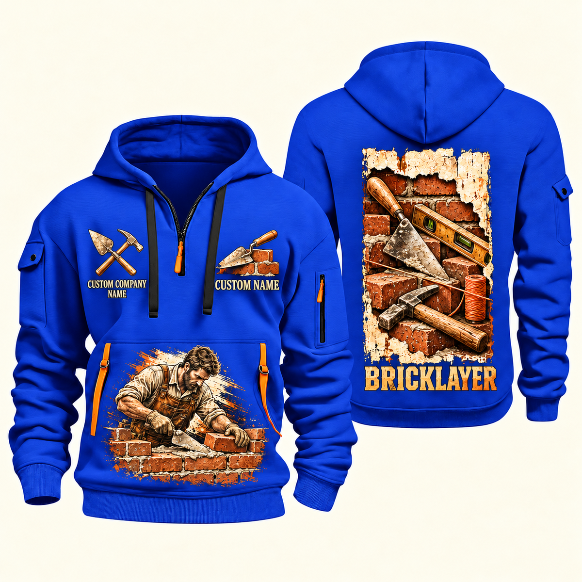 Bricklayer Masonry Tools Quarter Zip Hoodie Blue front and back