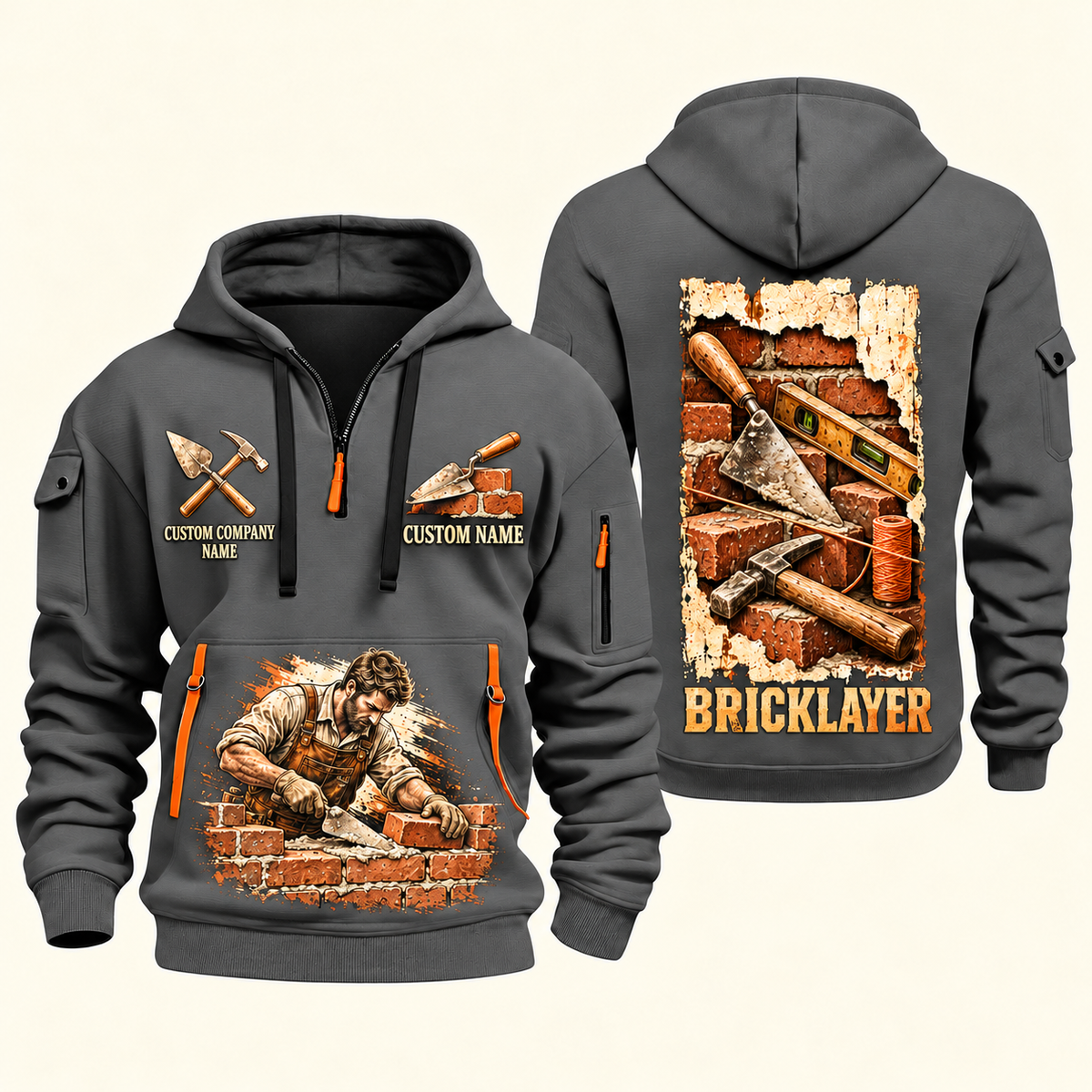 Bricklayer Masonry Tools Quarter Zip Hoodie Gray front and back