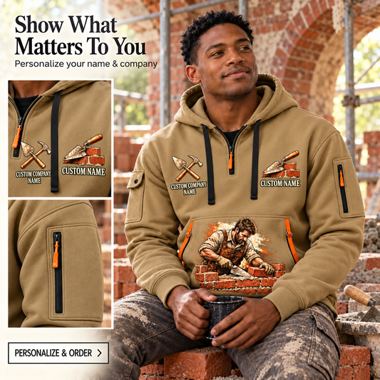 Bricklayer Masonry Tools Quarter Zip Hoodie Khaki listing hero