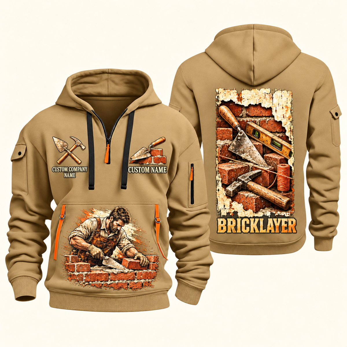 Bricklayer Masonry Tools Quarter Zip Hoodie Khaki front and back