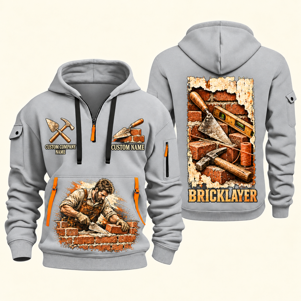 Bricklayer Masonry Tools Quarter Zip Hoodie Light Grey front and back