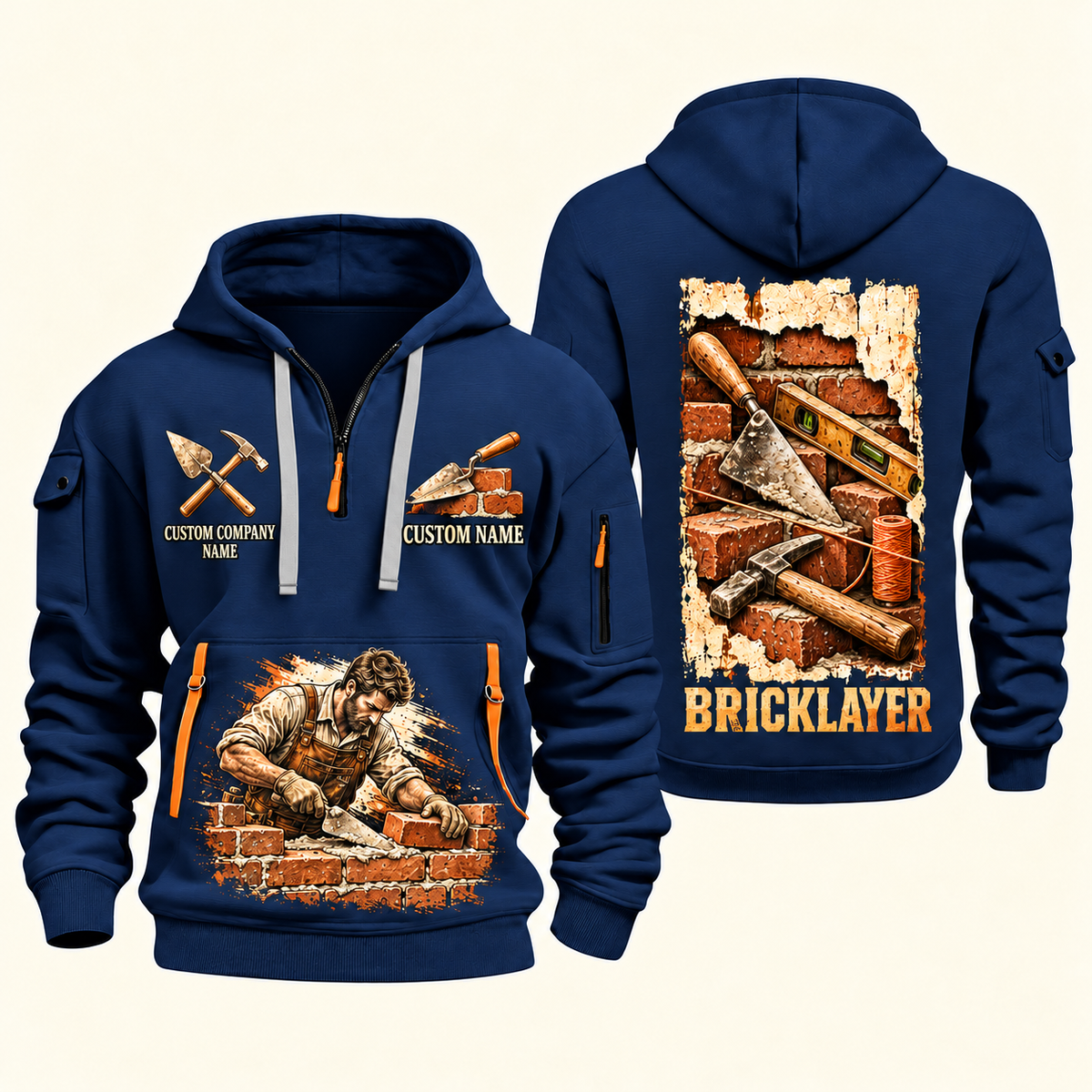 Bricklayer Masonry Tools Quarter Zip Hoodie Navy front and back