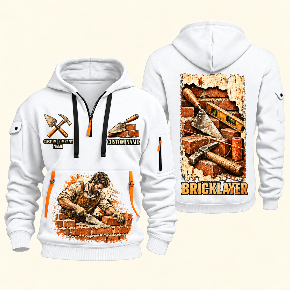 Bricklayer Masonry Tools Quarter Zip Hoodie White front and back