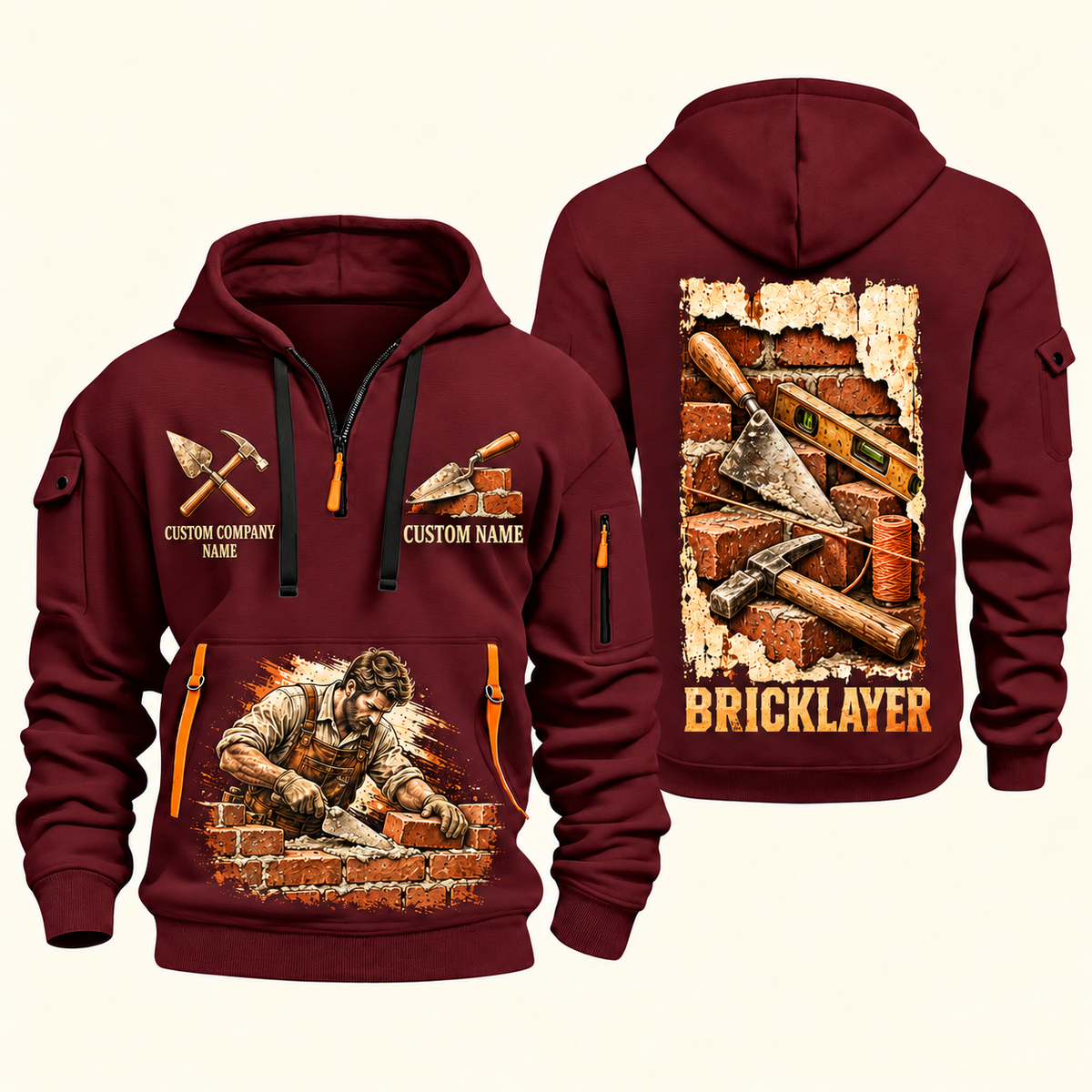 Bricklayer Masonry Tools Quarter Zip Hoodie Wine Red front and back