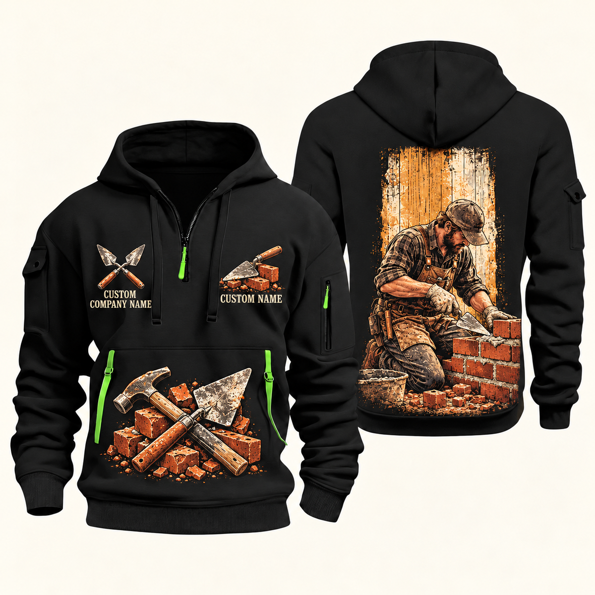 Bricklayer Brickwork Craft Quarter Zip Hoodie Black front and back