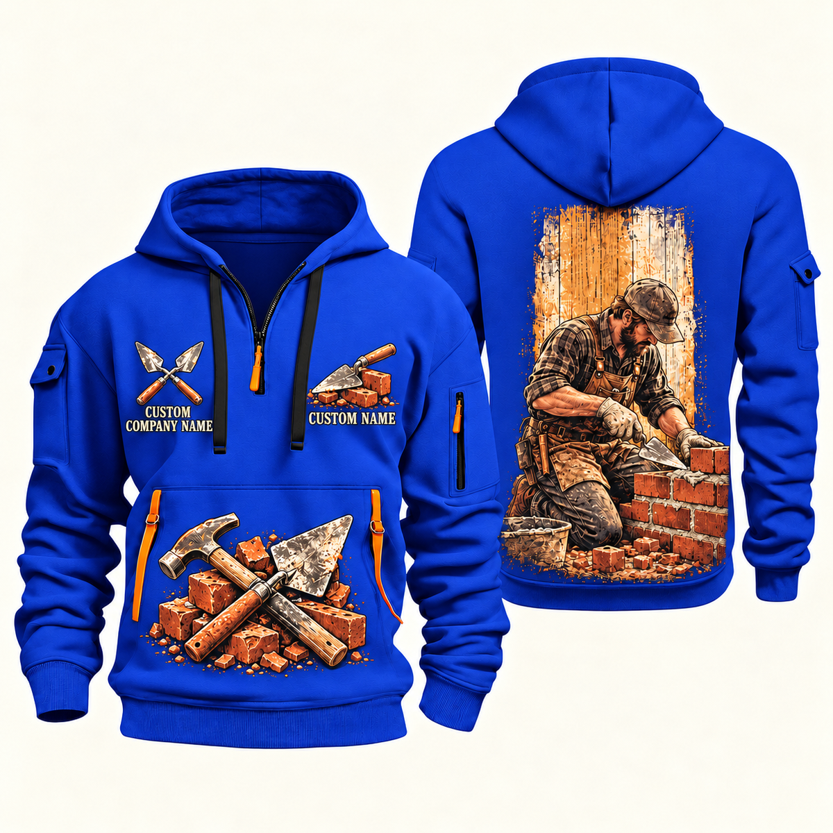 Bricklayer Brickwork Craft Quarter Zip Hoodie Blue front and back