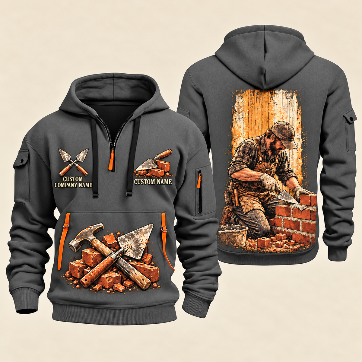 Bricklayer Brickwork Craft Quarter Zip Hoodie Gray front and back