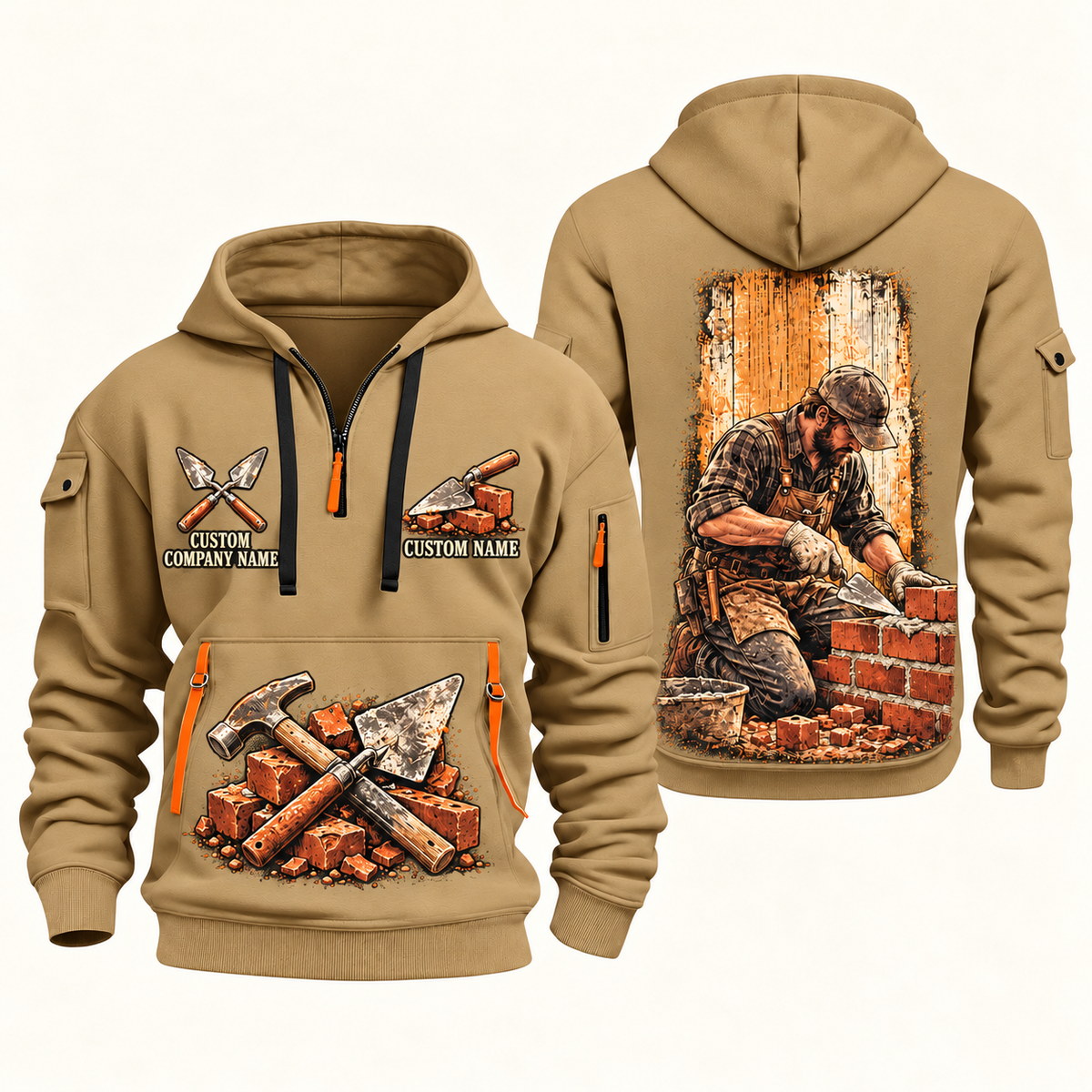 Bricklayer Brickwork Craft Quarter Zip Hoodie Khaki front and back