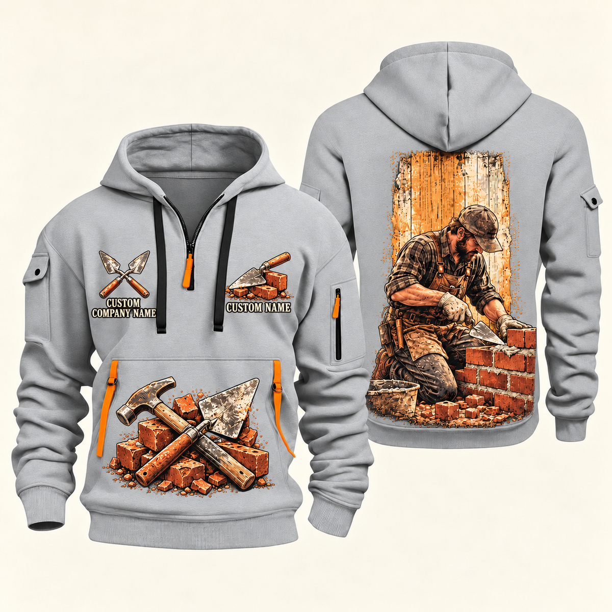 Bricklayer Brickwork Craft Quarter Zip Hoodie Light Grey front and back