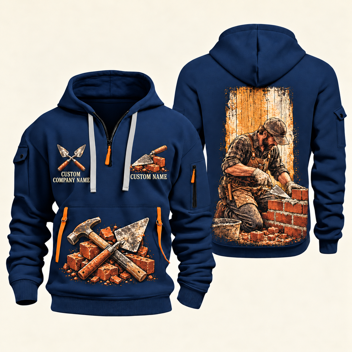 Bricklayer Brickwork Craft Quarter Zip Hoodie Navy front and back
