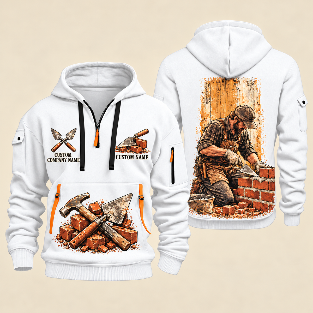 Bricklayer Brickwork Craft Quarter Zip Hoodie White front and back