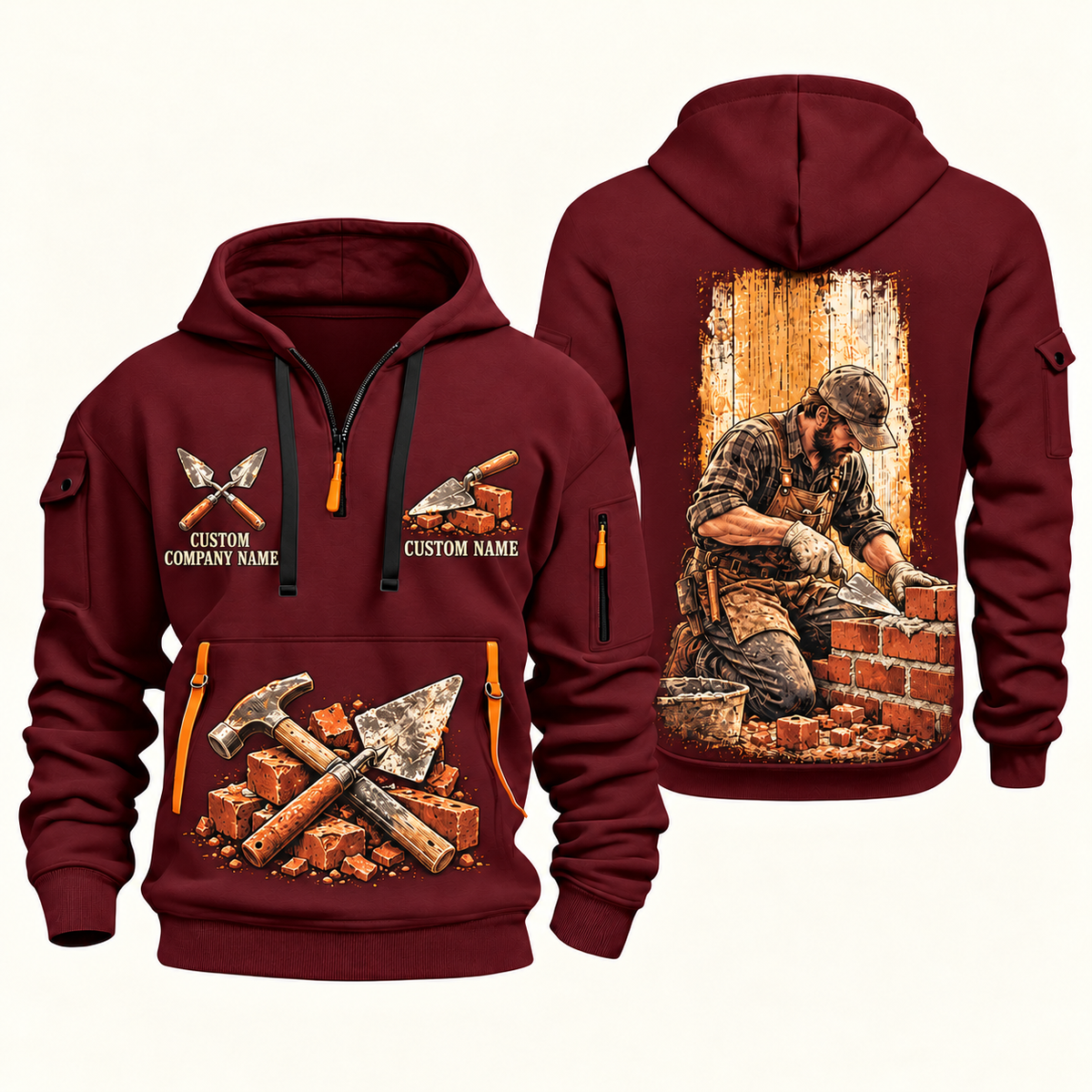 Bricklayer Brickwork Craft Quarter Zip Hoodie Wine Red front and back