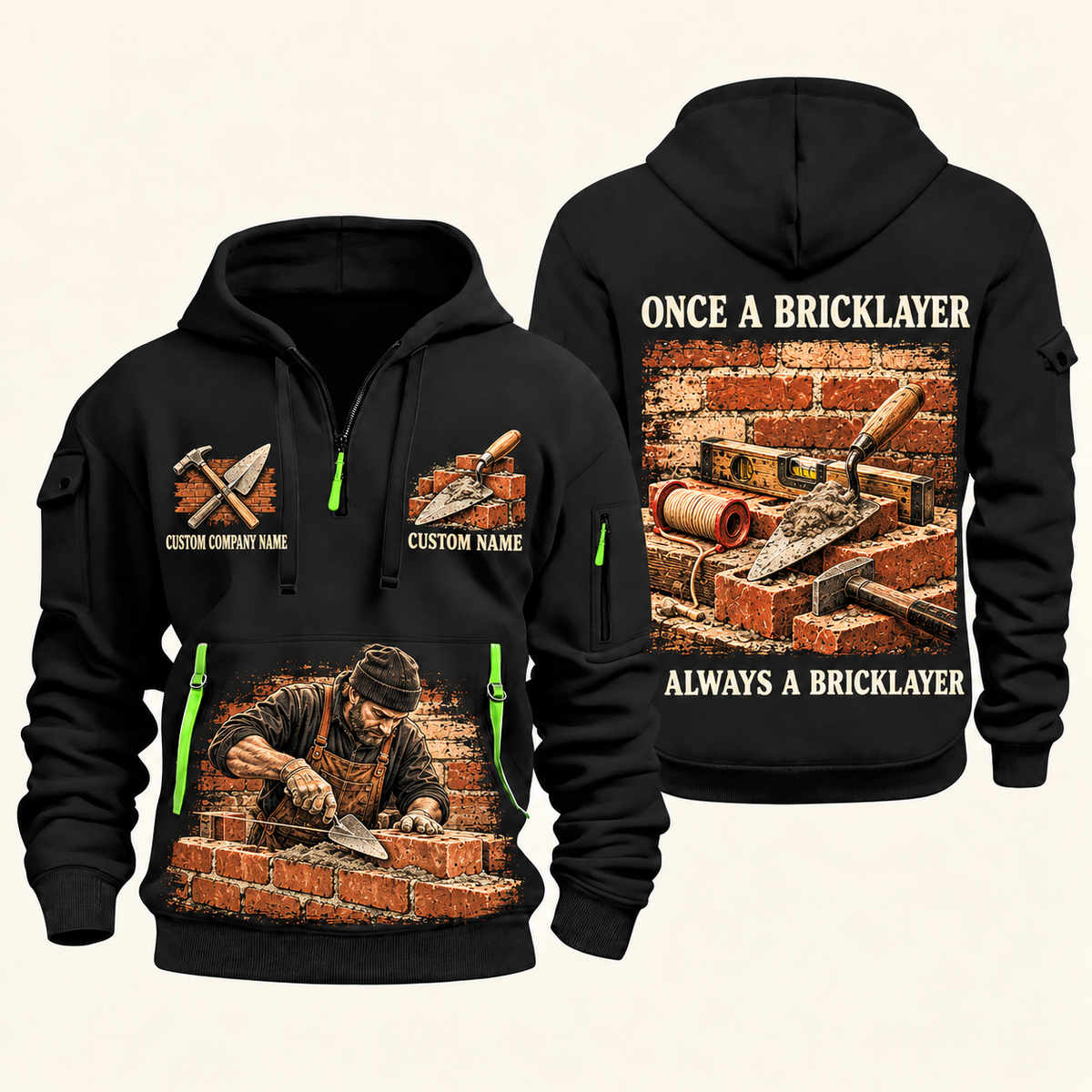 Bricklayer Once and Always Quarter Zip Hoodie Black front and back