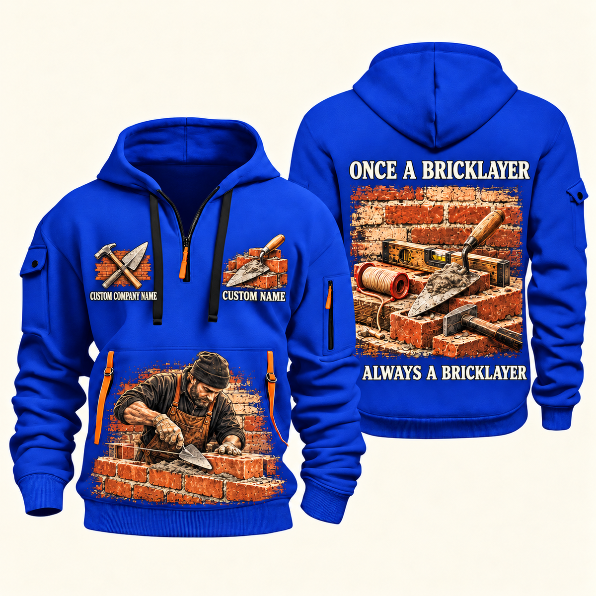 Bricklayer Once and Always Quarter Zip Hoodie Blue front and back