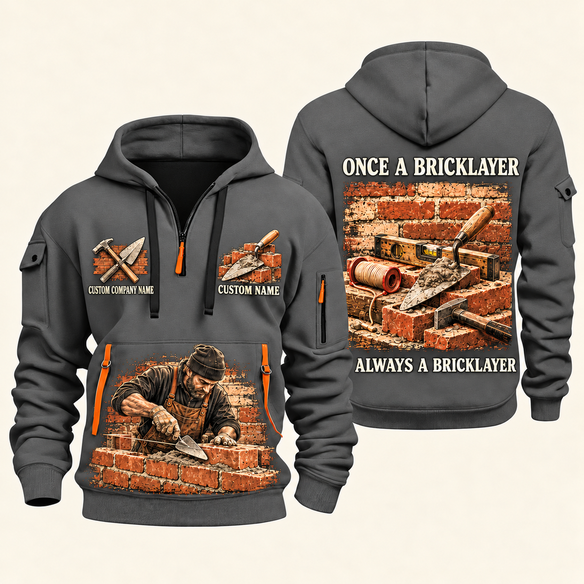 Bricklayer Once and Always Quarter Zip Hoodie Gray front and back