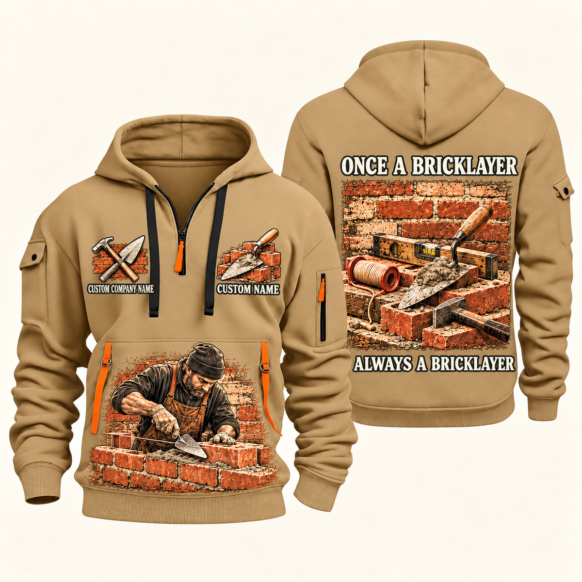 Bricklayer Once and Always Quarter Zip Hoodie Khaki front and back