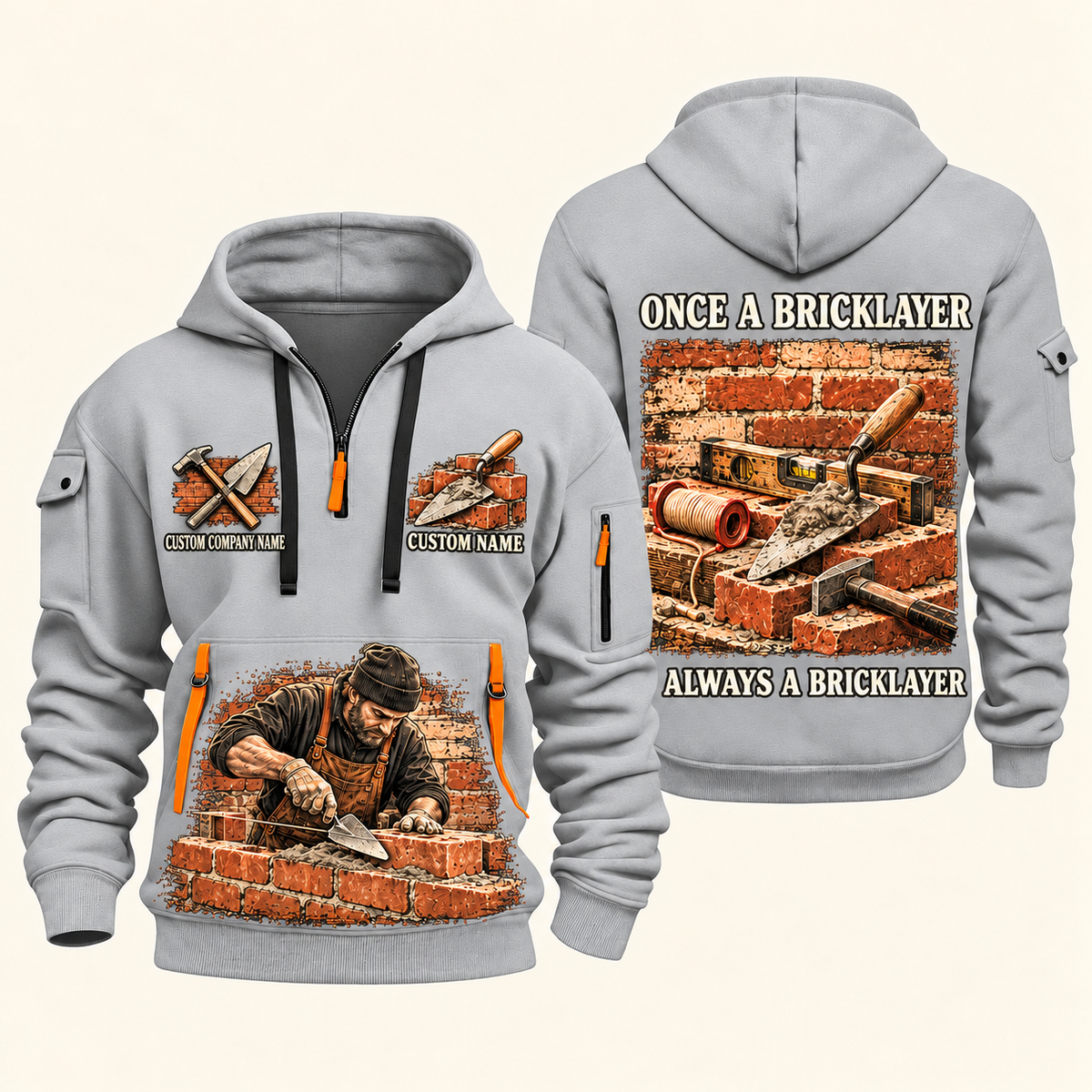 Bricklayer Once and Always Quarter Zip Hoodie Light Grey front and back