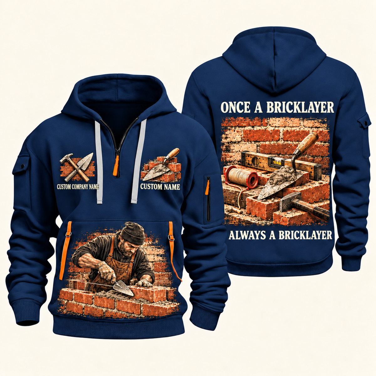 Bricklayer Once and Always Quarter Zip Hoodie Navy front and back