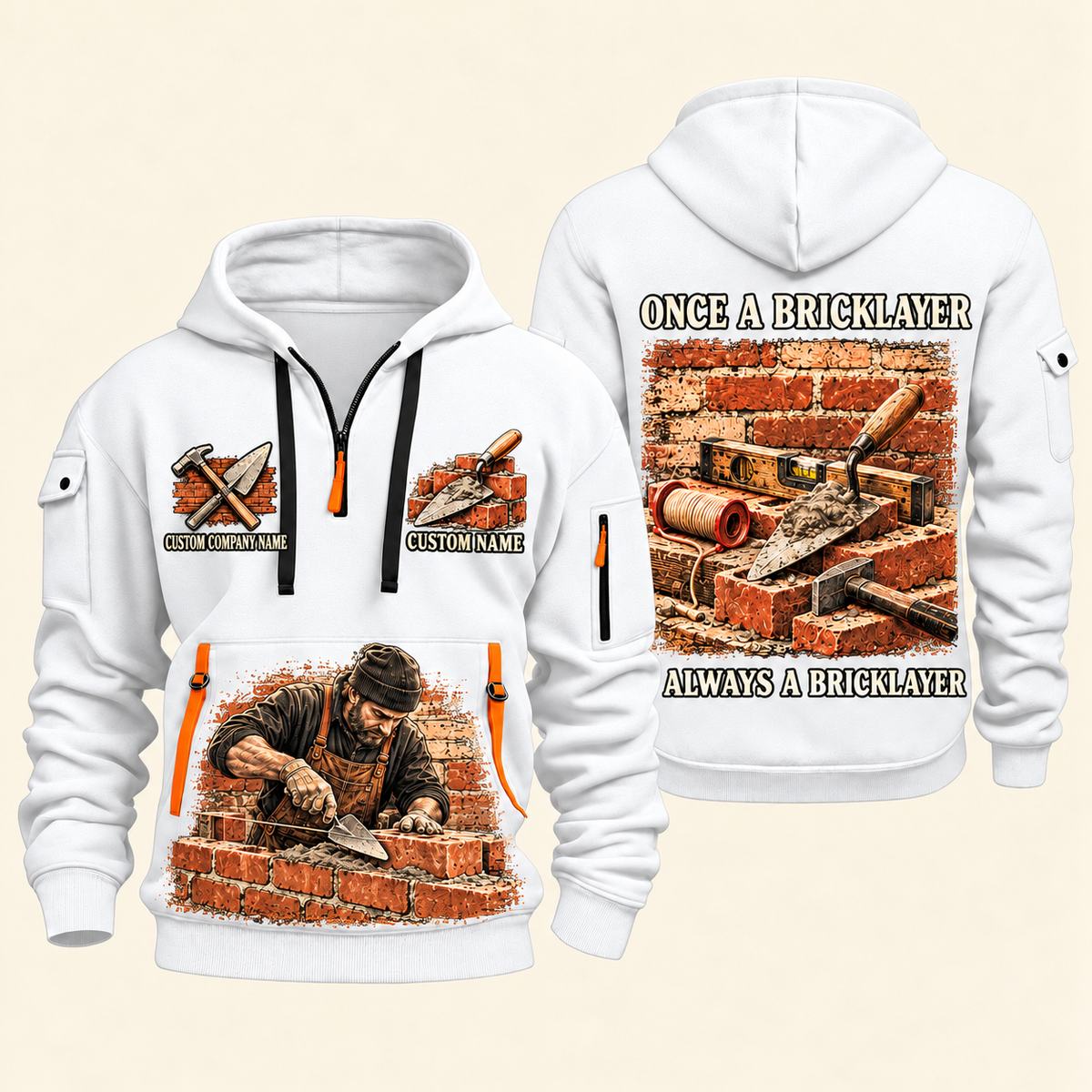 Bricklayer Once and Always Quarter Zip Hoodie White front and back
