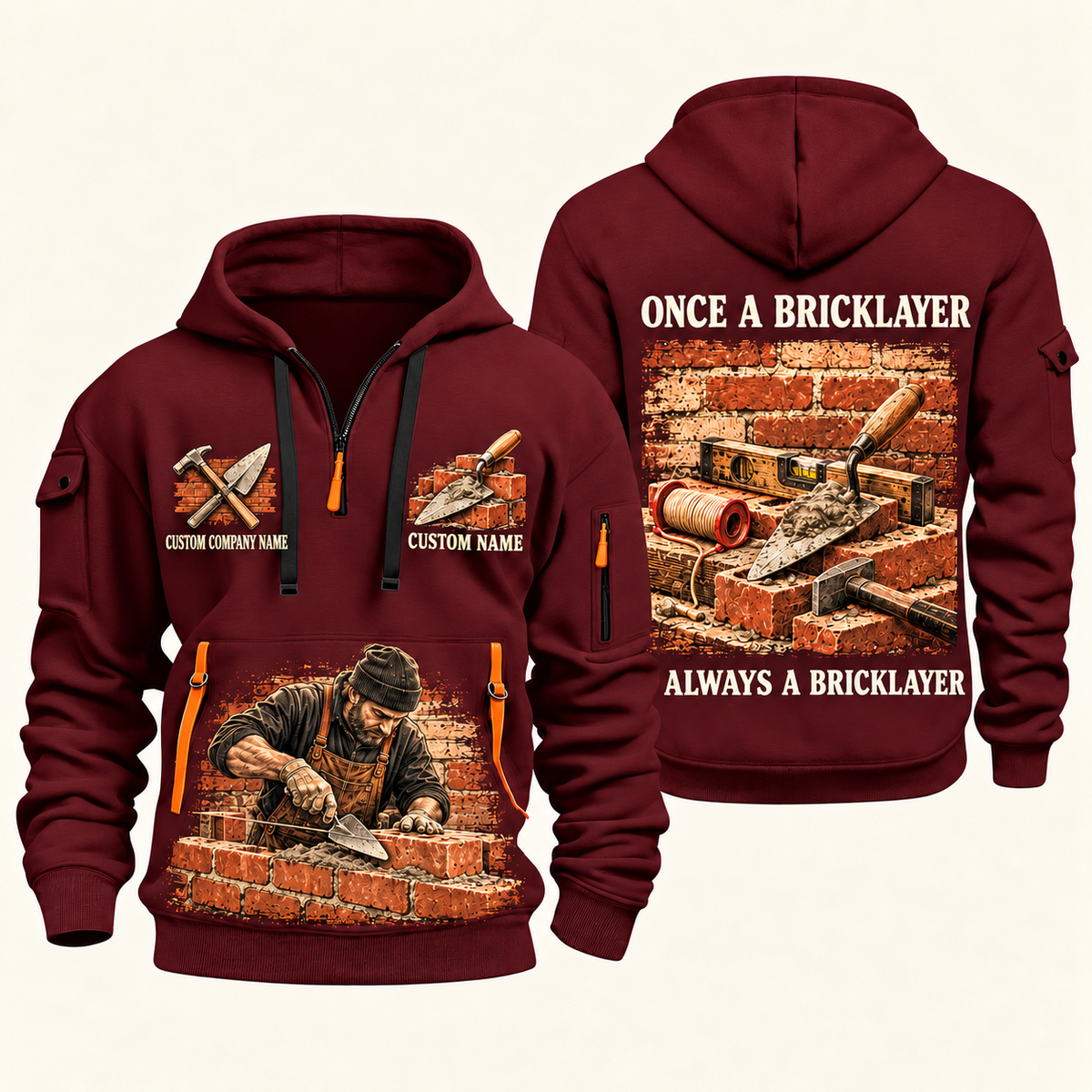 Bricklayer Once and Always Quarter Zip Hoodie Wine Red front and back