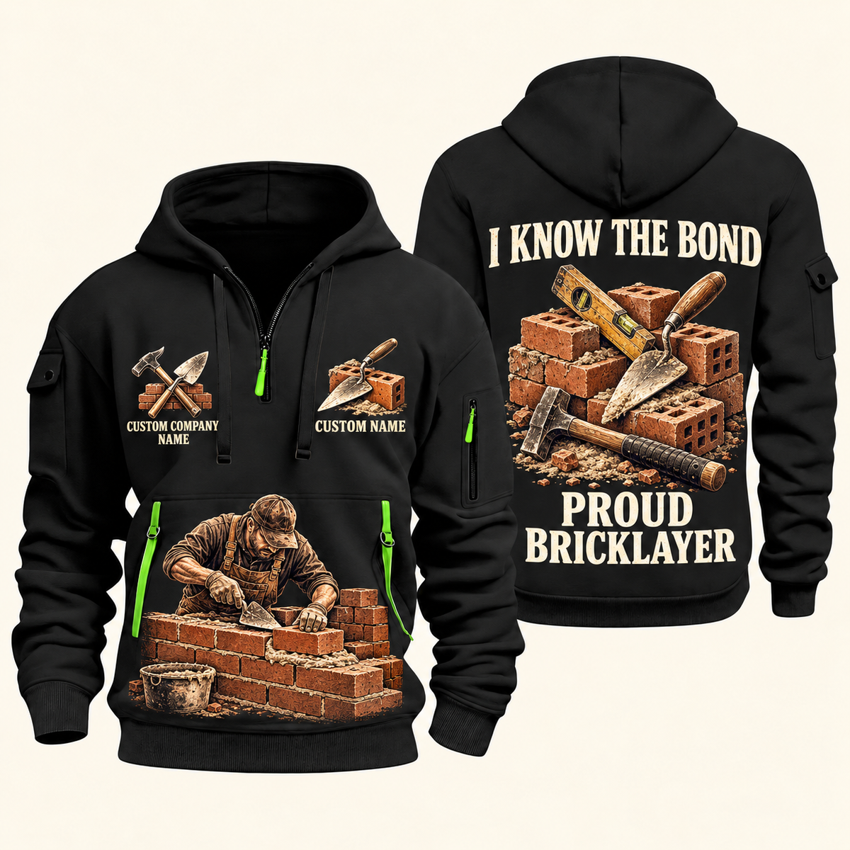 Bricklayer Proud Craftsperson Quarter Zip Hoodie Black front and back