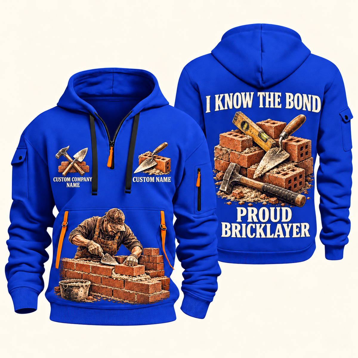 Bricklayer Proud Craftsperson Quarter Zip Hoodie Blue front and back