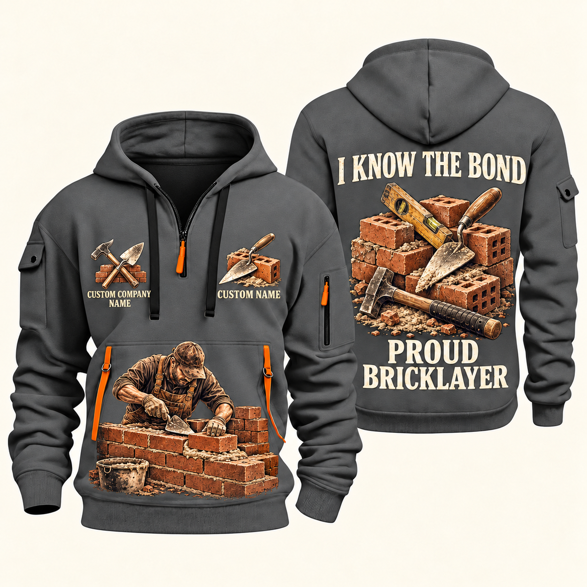 Bricklayer Proud Craftsperson Quarter Zip Hoodie Gray front and back
