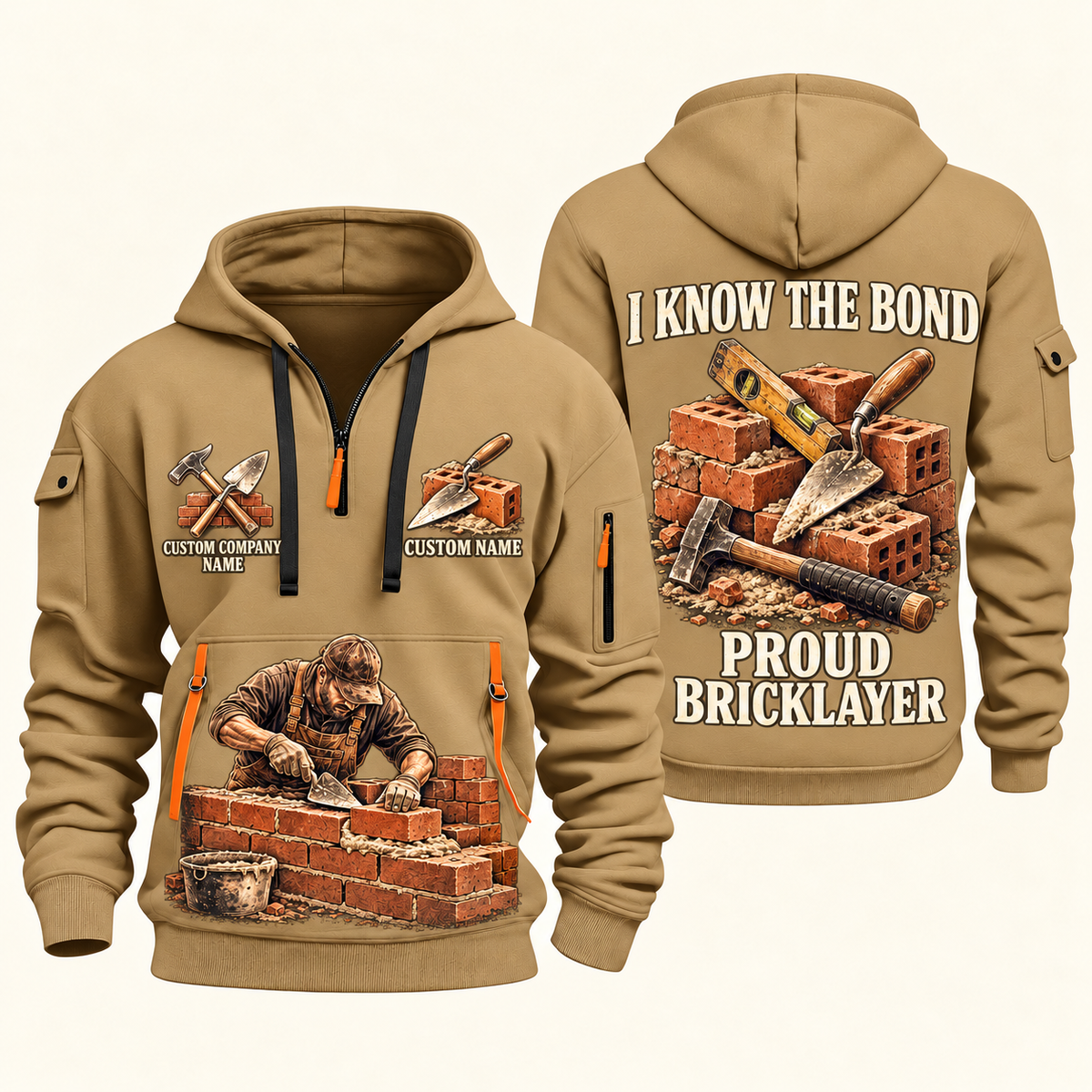 Bricklayer Proud Craftsperson Quarter Zip Hoodie Khaki front and back