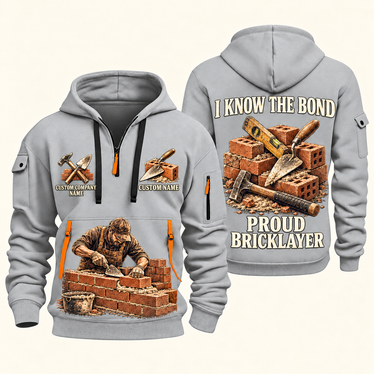 Bricklayer Proud Craftsperson Quarter Zip Hoodie Light Grey front and back