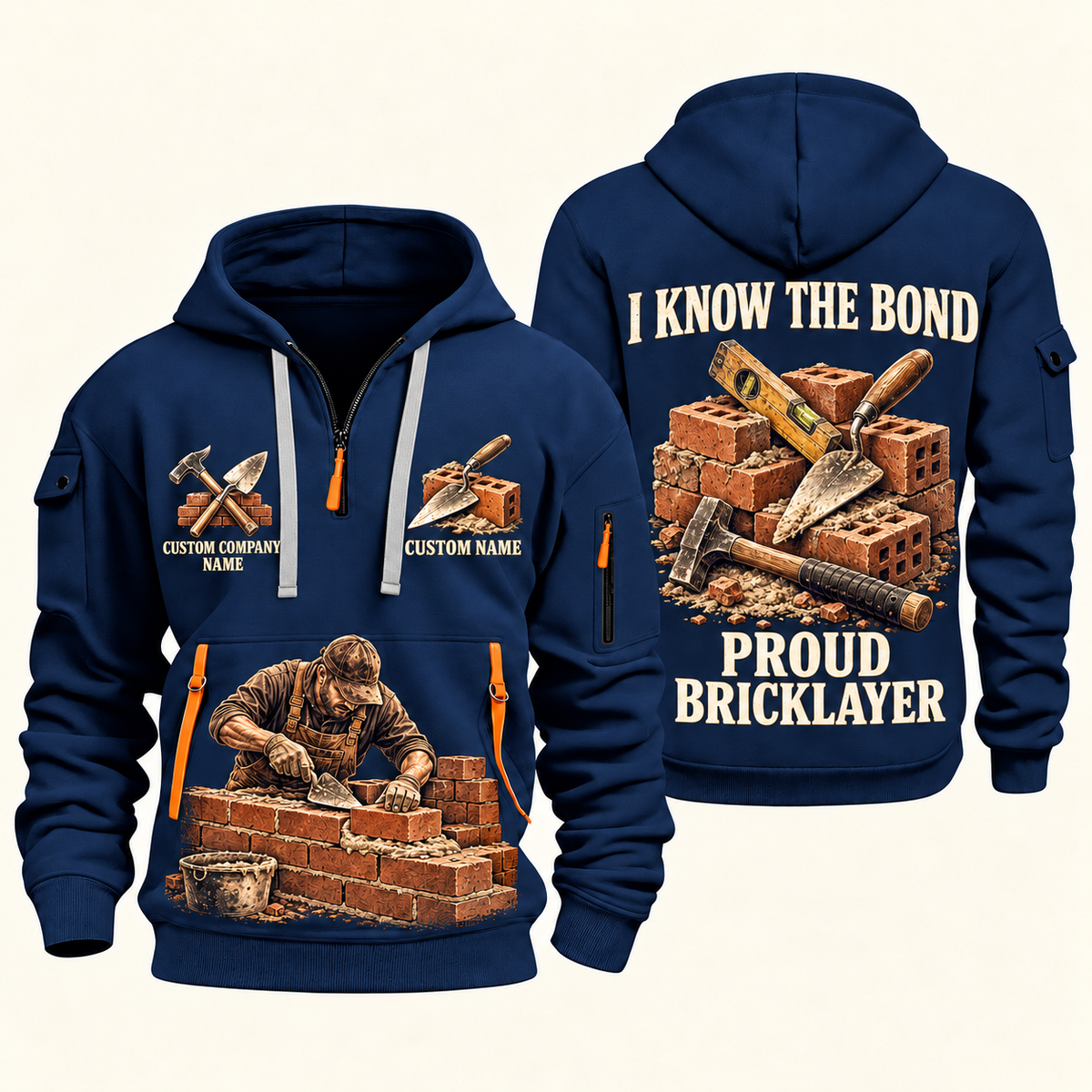 Bricklayer Proud Craftsperson Quarter Zip Hoodie Navy front and back