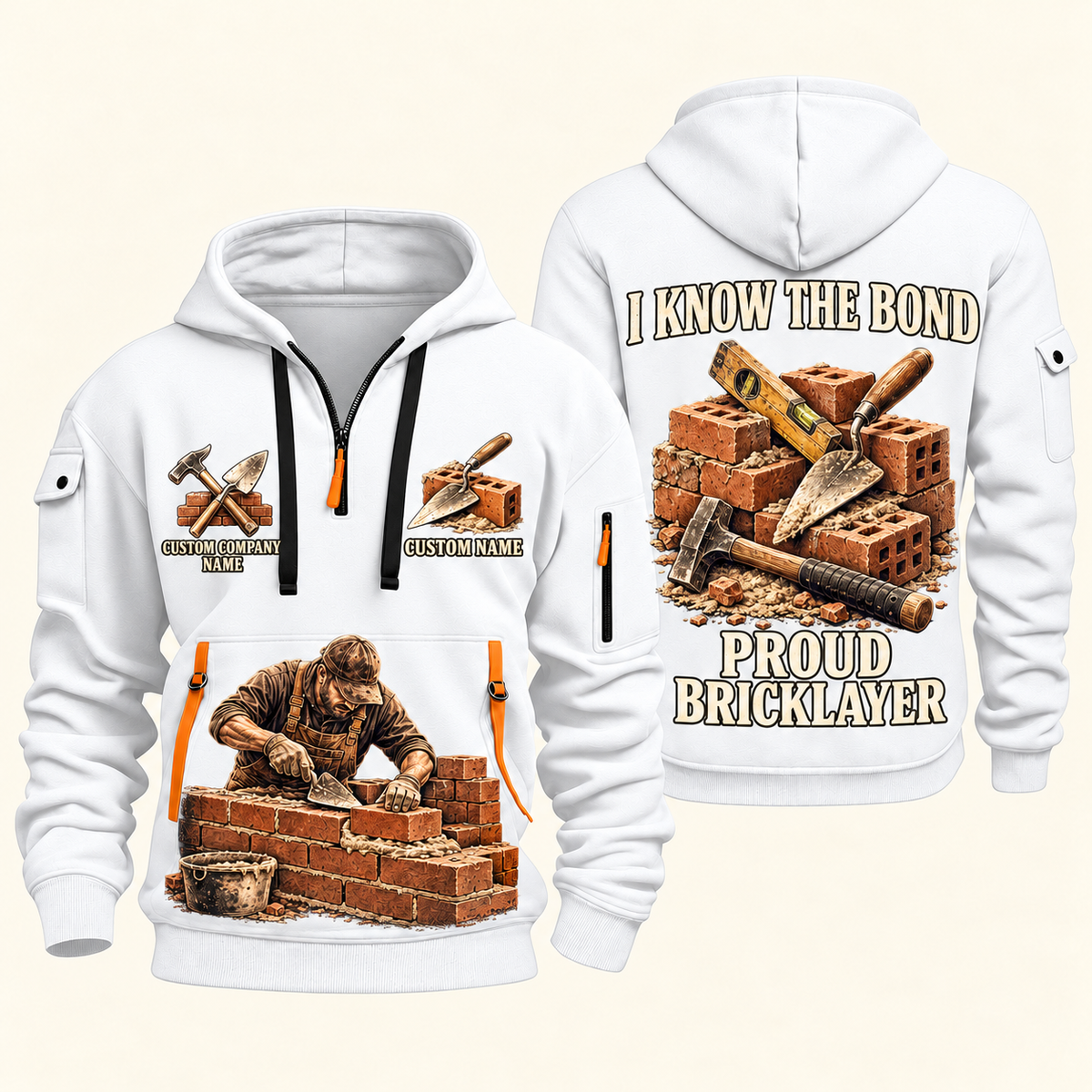 Bricklayer Proud Craftsperson Quarter Zip Hoodie White front and back