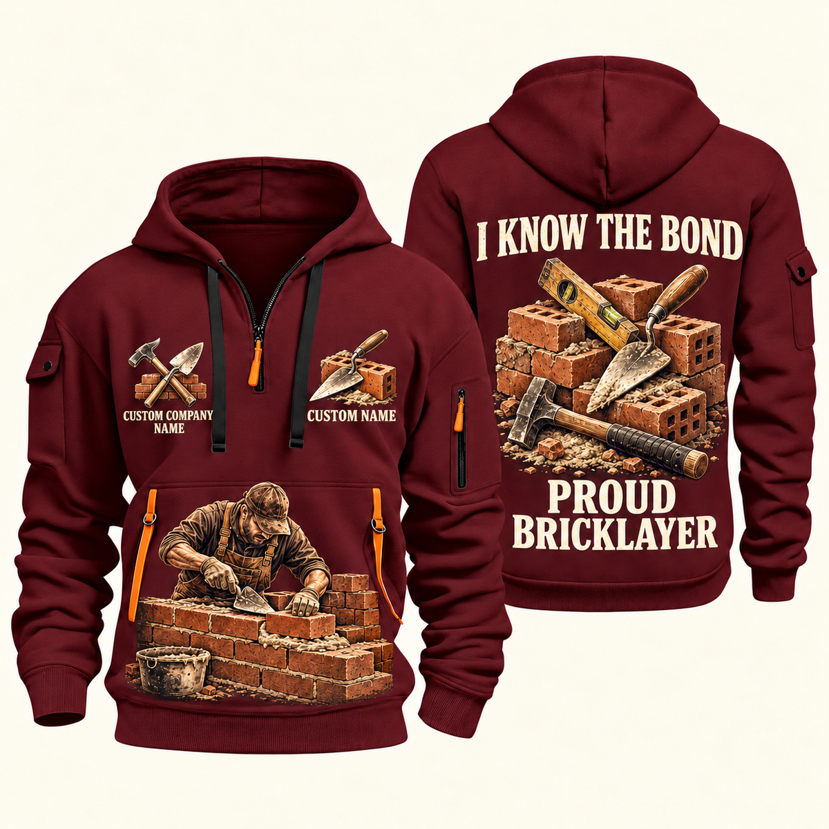 Bricklayer Proud Craftsperson Quarter Zip Hoodie Wine Red front and back
