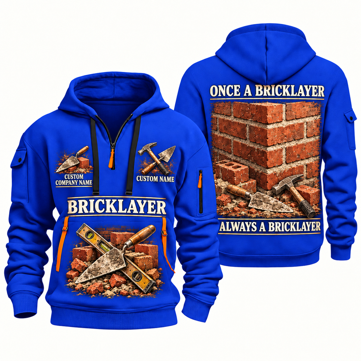 Bricklayer Lifelong Craft Quarter Zip Hoodie Blue front and back